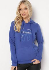 Niebieska Polarowa Bluza z Kapturem i Ściągaczami Ozdobiona Nadrukiem Mleza. Niebieskie bluzy z kapturem damskie Born2be, l, z polaru. Za 84.99 zł.