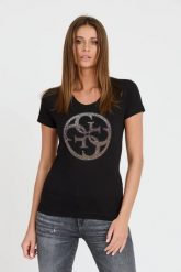GUESS Czarny t-shirt 4G LOGO TEE. Czarne t-shirty damskie Guess, s, z aplikacjami, bez kołnierzyka. W wyprzedaży za 170.99 zł.