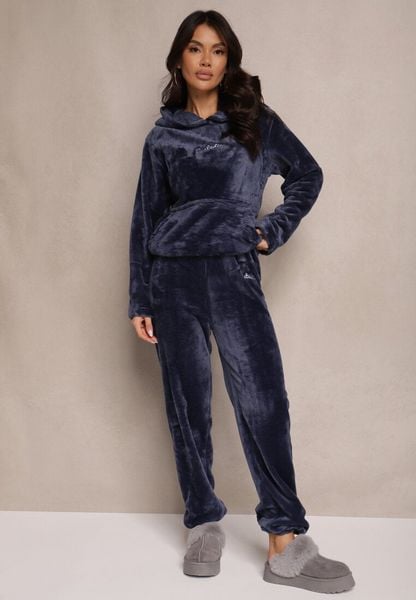 Granatowy Ciepły Komplet Dresowy z Pluszowej Tkaniny Spodnie i Bluza z Kapturem Selawen. Niebieskie bluzy z kapturem damskie Renee, l, z dresówki. Za 79.99 zł.