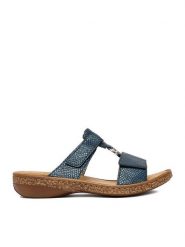 Rieker Klapki CEO-628P9-14 Granatowy. Niebieskie klapki damskie Rieker, bez wzorów, ze skóry, bez obcasa. Za 289.99 zł.