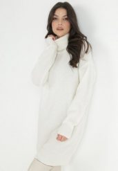 Biała Sukienka Wełniana Oversize z Golfem Heire. Białe sukienki damskie Born2be, na co dzień, m, bez wzorów, z wełny, eleganckie, bez kołnierzyka, bez ramiączek, mini, kopertowe. W wyprzedaży za 143.99 zł.