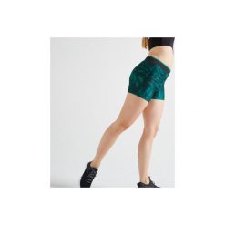 Spodenki fitness kardio damskie 100 z nadrukiem graficznym. Zielone spodenki sportowe damskie DOMYOS, l, z elastanu, na fitness i siłownię. Za 24.99 zł.