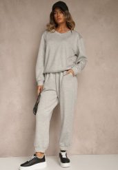 Szary Komplet Dresowy z Bawełną Spodnie ze Ściągaczami i Bluza Nirrive. Szare bluzy bez kaptura damskie Renee, l, z bawełny. Za 129.99 zł.