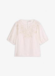 Bluzka tunikowa z haftem, lekko prześwitująca. Zielone bluzki damskie bonprix, bez wzorów, eleganckie, bez kołnierzyka, bez ramiączek. Za 54.99 zł.