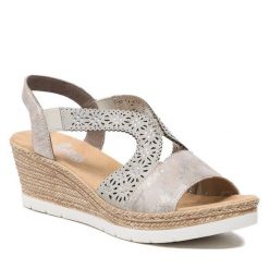 Sandały Rieker. Szare sandały damskie Rieker, bez wzorów, bez obcasa, na koturnie. Za 299.99 zł.