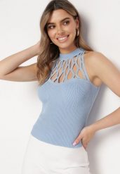 Niebieski Top z Prążkowanej Dzianiny z Ażurowym Dekoltem Hiba. Niebieskie topy damskie Born2be, w ażurowe wzory, z dzianiny, bez kołnierzyka. Za 34.99 zł.