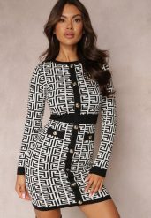Biała Sukienka Mini ze Sweterkowego Materiału o Geometrycznym Motywie z Dodatkowymi Guzikami Isaela. Białe sukienki damskie Renee, m, bez wzorów, eleganckie, bez kołnierzyka, bez ramiączek, mini. W wyprzedaży za 69.99 zł.