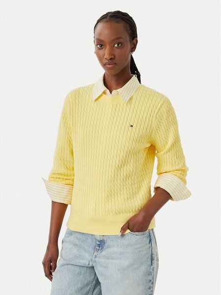 Tommy Hilfiger Sweter Fine WW0WW44993 Żółty jasny Regular Fit. Żółte swetry klasyczne damskie Tommy Hilfiger, xxs, z bawełny, bez kołnierzyka. Za 529.99 zł.