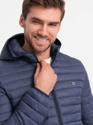 Kurtka męska pikowana pakowana w worek - granatowa V1 OM-JALP-0156 - XL. Niebieskie kurtki męskie Ombre Clothing, l, bez wzorów, z materiału. W wyprzedaży za 159.99 zł.