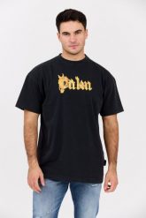 PALM ANGELS Czarny męski t-shirt Burning Logo Tee. Czarne t-shirty męskie PALM ANGELS, l, bez wzorów, z bawełny, bez kołnierzyka. W wyprzedaży za 999.99 zł.