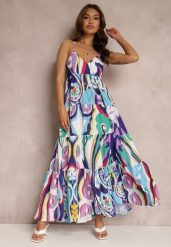 Granatowo-Biała Sukienka Iolane. Niebieskie sukienki damskie Renee, na randkę, s, bez wzorów, z tkaniny, eleganckie, bez kołnierzyka, bez ramiączek, maxi, rozkloszowane. Za 89.99 zł.