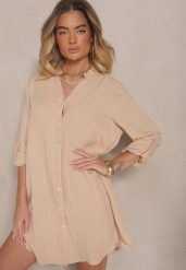 Beżowa Pudełkowa Sukienka Bawełniana Oversize z Dekoltem w Serek Elavellis. Brązowe sukienki damskie Renee, na co dzień, m, bez wzorów, z bawełny, eleganckie, bez kołnierzyka, bez ramiączek, mini, oversize. Za 79.99 zł.