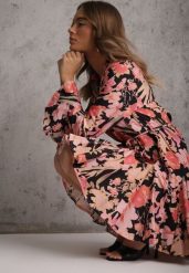 Czarna Sukienka z Wiskozy w Kwiatowy Print Ozdobiona Paskiem Asintena. Czarne sukienki damskie Renee, na co dzień, l, bez wzorów, z koronki, eleganckie, bez kołnierzyka, bez ramiączek, mini. Za 129.99 zł.