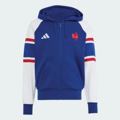 Bluza z kapturem Francja Rugby Travel z suwakiem na całej długości. Niebieskie bluzy z kapturem męskie Adidas, l, z bawełny. Za 439.00 zł.