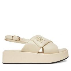 Sandały Tommy Hilfiger. Brązowe sandały damskie Tommy Hilfiger, bez wzorów, bez obcasa, na koturnie. Za 339.99 zł.