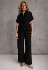 Czarny Komplet z Wiskozy Spodnie Wide Leg i Bluzka ze Ściągaczem w Talii Daemnell. Czarne spodnie materiałowe damskie Renee, bez wzorów, z wiskozy. Za 129.99 zł.