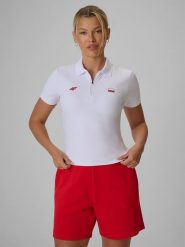 4F Koszulka kibica polo damska - biała L. Białe bluzki damskie 4f, l, bez wzorów, z materiału, bez kołnierzyka, bez ramiączek. W wyprzedaży za 69.99 zł.