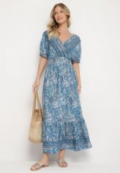 Niebieska Bawełniana Sukienka o Rozkloszowanym Kroju we Wzór Paisley Folurelle. Niebieskie sukienki damskie Born2be, na spotkanie biznesowe, l, bez wzorów, z bawełny, eleganckie, bez kołnierzyka, bez ramiączek, maxi, rozkloszowane. W wyprzedaży za 51.99 zł.