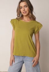 Ciemnozielona Bluzka z Bawełny z Ażurowymi Falbankami Zamiast Rękawów Vodelia. Zielone bluzki damskie Born2be, l, w ażurowe wzory, z bawełny, bez kołnierzyka, bez ramiączek. Za 39.99 zł.