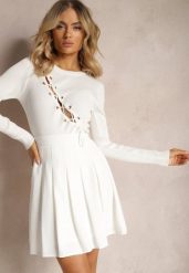 Biała Rozkloszowana Spódnica Zapinana na Zamek Błyskawiczny z Zakładkami Sonarella. Białe spódniczki damskie Renee, l, bez wzorów, z bawełny, eleganckie, mini, rozkloszowane. Za 74.99 zł.