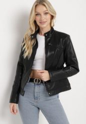 Czarna Kurtka Ramoneska Taliowana z Ekoskóry Zapinana pod Szyją Ternia. Czarne kurtki damskie Born2be, l, bez wzorów, z jeansu, bez kaptura. Za 119.99 zł.