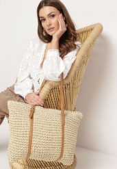 Jasnobeżowa Pleciona Torebka Shopper z Rączkami Zapinana na Suwak Alulasa. Brązowe shopper bag damskie Born2be, bez wzorów, bez dodatków. Za 119.99 zł.