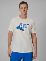 4F T-shirt regular z nadrukiem męski - beżowy XL. Brązowe t-shirty męskie 4f, m, bez wzorów, z bawełny, bez kołnierzyka. Za 59.99 zł.