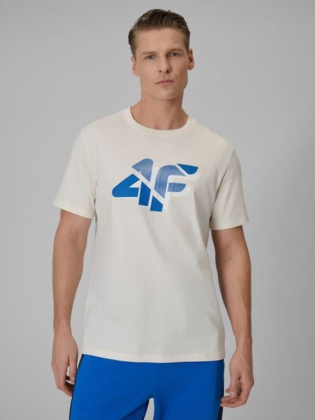 4F T-shirt regular z nadrukiem męski - beżowy XL. Brązowe t-shirty męskie 4f, m, bez wzorów, z bawełny, bez kołnierzyka. Za 59.99 zł.