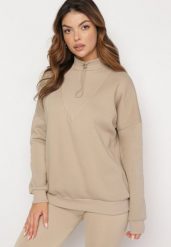 Beżowa Bawełniana Bluza z Półgolfem i Ściągaczem Themista. Brązowe bluzy bez kaptura damskie Born2be, z bawełny. Za 89.99 zł.