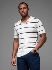 Koszulka męska polo w poziome paski z wiskozą – biało-granatowa V2 - Rozmiar: XL. Białe koszulki polo męskie Ombre Clothing, m, bez wzorów, z dzianiny, bez ramiączek. W wyprzedaży za 69.99 zł.