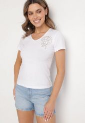 Biały T-shirt z Bawełny z Cyrkoniowym Wzorem Uliavira. Białe t-shirty damskie Born2be, l, z aplikacjami, z bawełny, bez kołnierzyka. Za 34.99 zł.