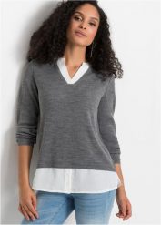 Sweter z koszulową wstawką. Szare swetry klasyczne damskie bonprix, bez kołnierzyka. Za 129.99 zł.