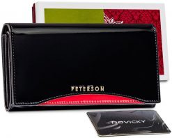 Skórzany portfel lakierowany Peterson czarny z czerwonym akcentem PTN BC-411-BLACK RED. Czarne portfele damskie Peterson, bez wzorów, z lakierowanej skóry. Za 107.99 zł.
