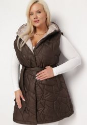 Brązowa Kamizelka Pikowana z Paskiem Dagalee. Brązowe kamizelki damskie Born2be, plus size, z jeansu, długie. Za 289.99 zł.