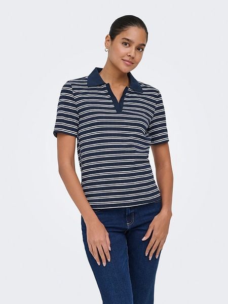 JDY Koszulka polo "Helga" w kolorze granatowo-białym rozmiar: XS. Niebieskie bluzki damskie JDY, xs, bez wzorów, bez kołnierzyka, bez ramiączek. Za 46.95 zł.