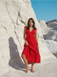 Sukienka midi z falbaną i ozdobnym wiązaniem na plecach - czerwony. Czerwone sukienki damskie Sinsay, l, bez wzorów, bez kołnierzyka, bez ramiączek, midi. Za 69.99 zł.