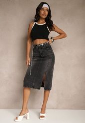 Czarna Jeansowa Spódnica z Bawełny z Łańcuchem Lilurea. Czarne spódniczki damskie Renee, l, bez wzorów, z bawełny, eleganckie, midi, koszulowe. Za 59.99 zł.