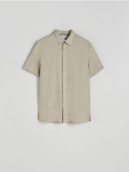 Koszula regular fit z lnem - beżowy. Brązowe koszule męskie Reserved, l, bez wzorów, z bawełny, bez kołnierzyka, bez ramiączek. Za 139.99 zł.