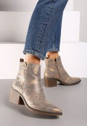 Żółte Botki Kowbojki na Słupku Ozdobione Nitami Ferisa. Żółte botki damskie Renee, z jeansu, eleganckie, bez obcasa, na obcasie, bez zapięcia. Za 149.99 zł.