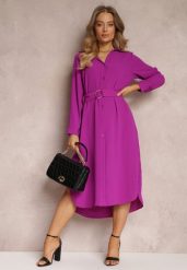 Fioletowa Sukienka Koszulowa z Paskiem Vartivar. Fioletowe sukienki damskie Renee, na imprezę, bez wzorów, z materiału, eleganckie, bez kołnierzyka, bez ramiączek, midi, koszulowe. Za 109.99 zł.