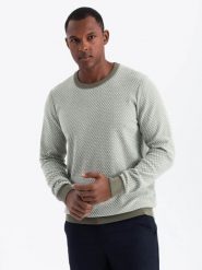 Dzianinowy męski sweter RELAXED FIT we wzory – oliwkowy V2 OM-SWSW-0111 - XXL. Niebieskie swetry męskie Ombre Clothing, l, bez wzorów, z bawełny, bez kołnierzyka. W wyprzedaży za 69.99 zł.