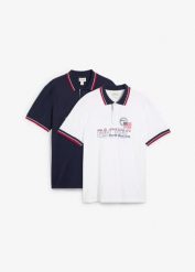 Koszulka polo z czystej bawełny, krótki rękaw (2 szt.). Niebieskie koszulki polo męskie bonprix, l, bez wzorów, z bawełny, bez ramiączek. Za 122.99 zł.
