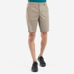 Spodenki turystyczne męskie Quechua NH100. Brązowe szorty męskie QUECHUA, bez wzorów, z bawełny, eleganckie. Za 49.99 zł.