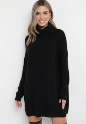 Czarny Golf Oversize o Wydłużonym Fasonie z Ozdobnym Wzorem Melisanda. Czarne golfy damskie Born2be, bez wzorów, bez ramiączek. Za 109.99 zł.