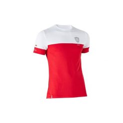 T-shirt do gry w piłkę nożną FF100 Polska. Czerwone t-shirty damskie KIPSTA, l, bez wzorów, z bawełny, bez kołnierzyka. W wyprzedaży za 29.99 zł.