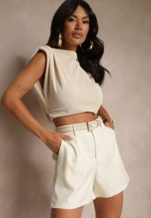 Beżowe Szorty High Waist z Paskiem Linave. Brązowe szorty damskie Renee, bez wzorów, eleganckie, z podwyższonym stanem. Za 79.99 zł.