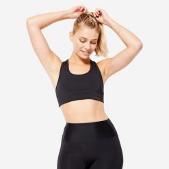 Stanik sportowy Decathlon. Czarne biustonosze sportowe damskie Decathlon, bez wzorów, z elastanu. W wyprzedaży za 29.99 zł.