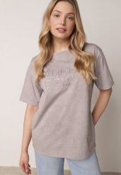 Szary Oversizowy T-shirt z Bawełny Zdobiony Haftem z Cekinami Pidella. Szare t-shirty damskie Born2be, m, z aplikacjami, z bawełny, bez kołnierzyka. Za 59.99 zł.