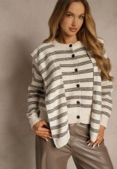 Beżowy Kardigan z Dodatkiem Wełny Zdobiony Wzorem w Paski i Narzutką Fedira. Brązowe kardigany damskie Renee, z aplikacjami, z jeansu. Za 99.99 zł.