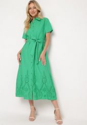 Zielona Ażurowa Sukienka z Bawełny Zapinana na Guziki z Materiałowym Paskiem Dimosa. Zielone sukienki damskie Born2be, l, w ażurowe wzory, z bawełny, boho, bez kołnierzyka, bez ramiączek, maxi. Za 169.99 zł.